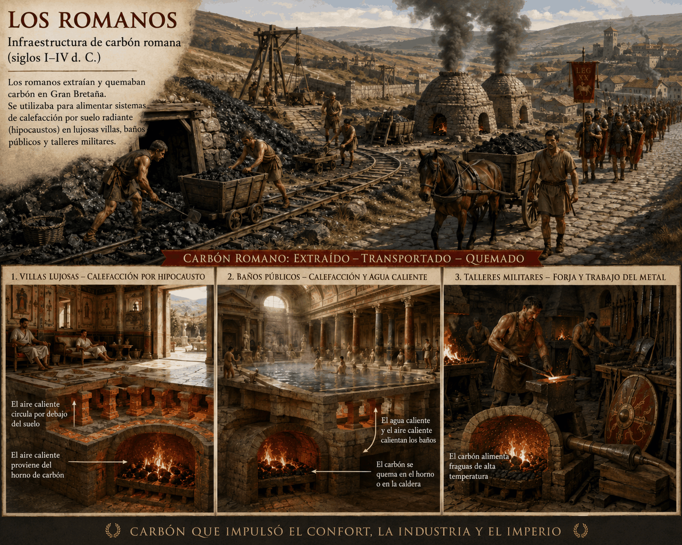 Infraestructura romana del carbón: minería, transporte y usos en villas, baños públicos y talleres militares